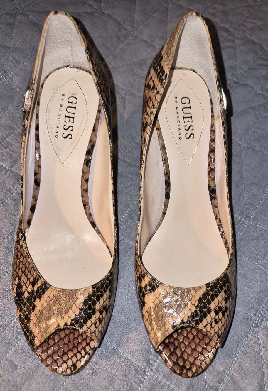 Guess by Marciano Snake Print Peep Toe Kitten Heels